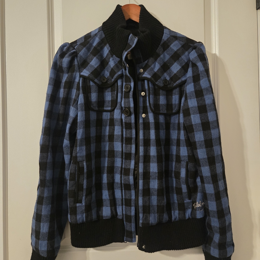 Billabong Blue and Black Checkered Bomber Jacket